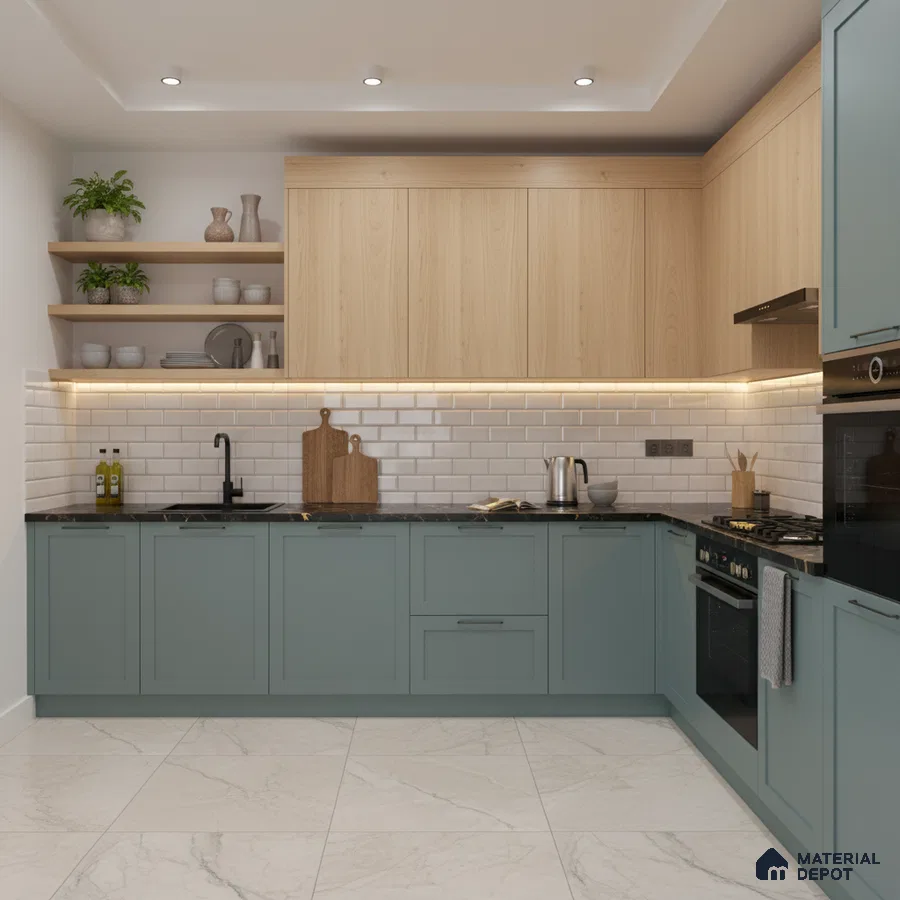 Scandinavian kitchen with sage green laminate, light oak laminate, and white subway tile backsplash in Bengaluru