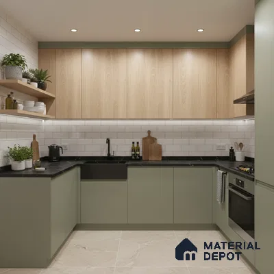 Scandinavian kitchen with sage green laminate, light oak laminate, and white subway tile backsplash in Bengaluru