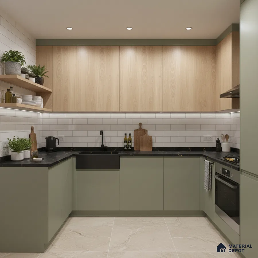 Scandinavian kitchen with sage green laminate, light oak laminate, and white subway tile backsplash in Bengaluru
