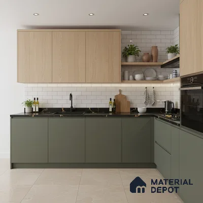 Scandinavian kitchen with sage green laminate, light oak laminate, and white subway tile backsplash in Bengaluru