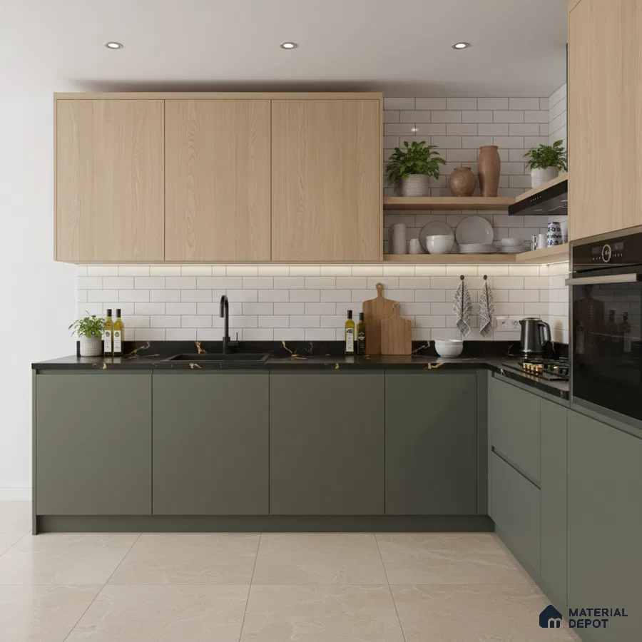 Scandinavian kitchen with sage green laminate, light oak laminate, and white subway tile backsplash in Bengaluru