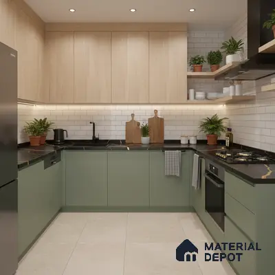 Scandinavian kitchen with sage green laminate, light oak laminate, and white subway tile backsplash in Bengaluru
