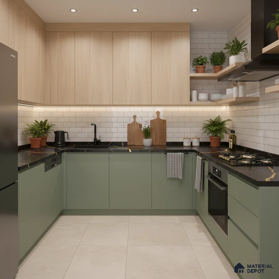 Scandinavian kitchen with sage green laminate, light oak laminate, and white subway tile backsplash in Bengaluru