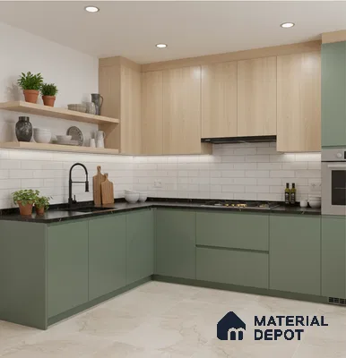 Scandinavian kitchen with sage green laminate, light oak laminate, and white subway tile backsplash in Bengaluru