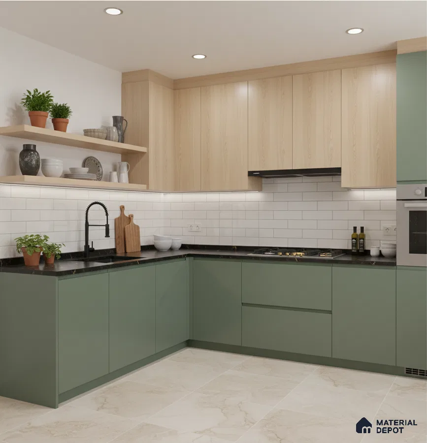 Scandinavian kitchen with sage green laminate, light oak laminate, and white subway tile backsplash in Bengaluru