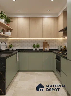 Scandinavian kitchen with sage green laminate, light oak laminate, black marble countertop, and subway tile backsplash in Bengaluru