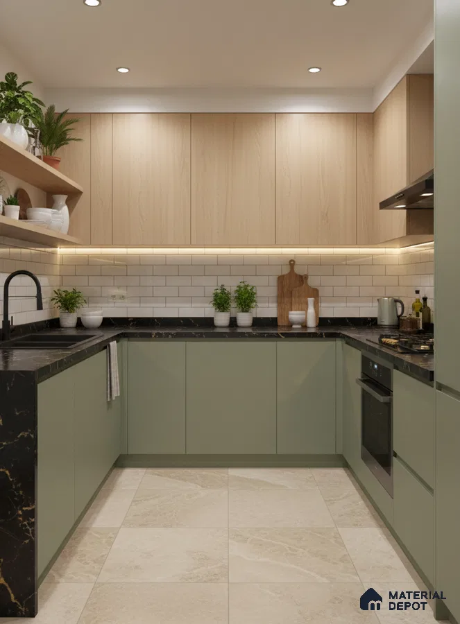 Scandinavian kitchen with sage green laminate, light oak laminate, black marble countertop, and subway tile backsplash in Bengaluru