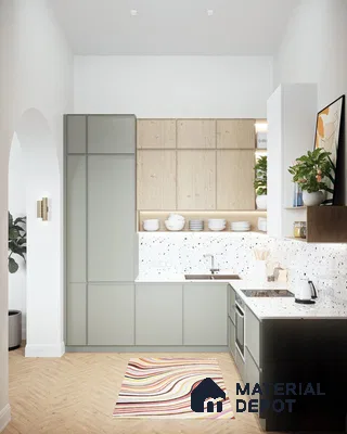 Scandinavian kitchen with sage green laminate, light wood laminate, and terrazzo countertop and backsplash in Bengaluru | Material Depot