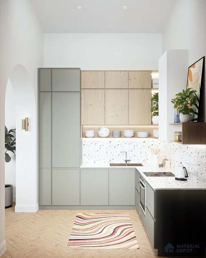 Scandinavian kitchen with sage green laminate, light wood laminate, and terrazzo countertop and backsplash in Bengaluru | Material Depot