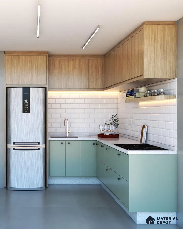 Scandinavian kitchen with sage green laminate, oak wood laminate, and white subway tile backsplash in Bengaluru | Material Depot