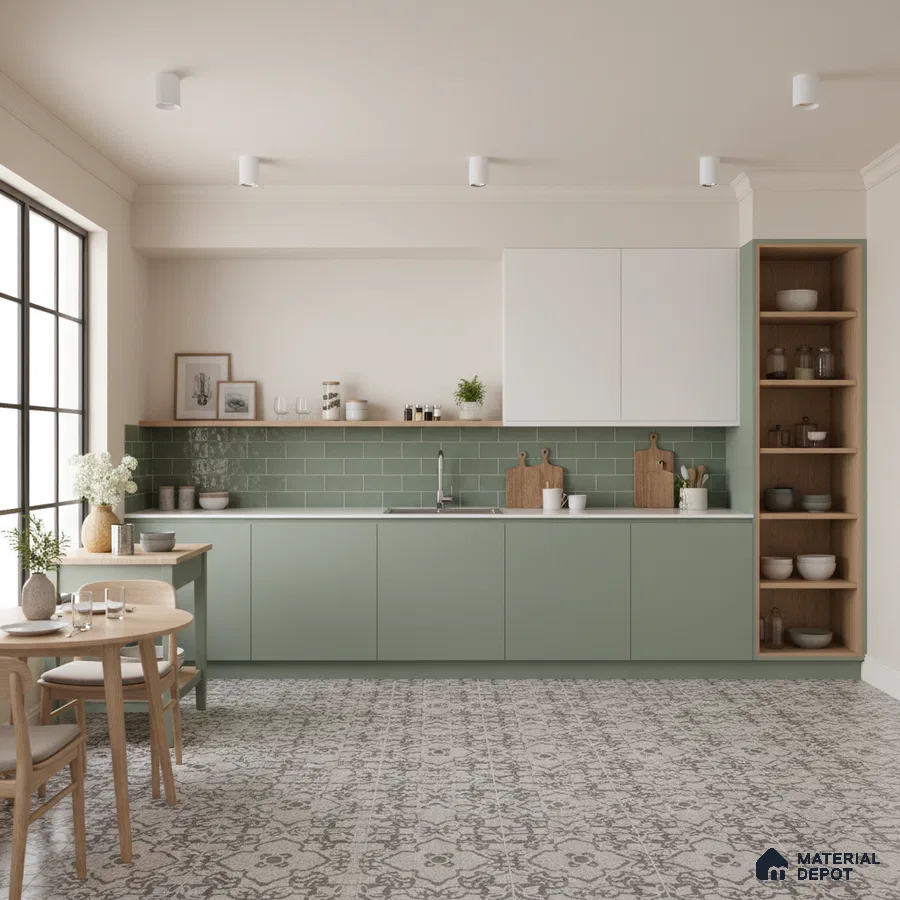 Scandinavian kitchen with sage green laminate, white cabinets, and patterned grey floor tiles in Bengaluru