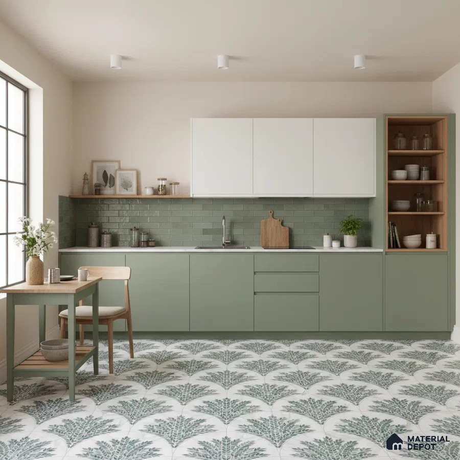 Scandinavian kitchen with sage green laminate, white cabinets, green subway tile backsplash, and botanical patterned floor tiles in Bengaluru