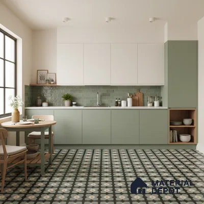 Scandinavian kitchen with sage green laminate, white laminate, and green subway tile backsplash in Bengaluru