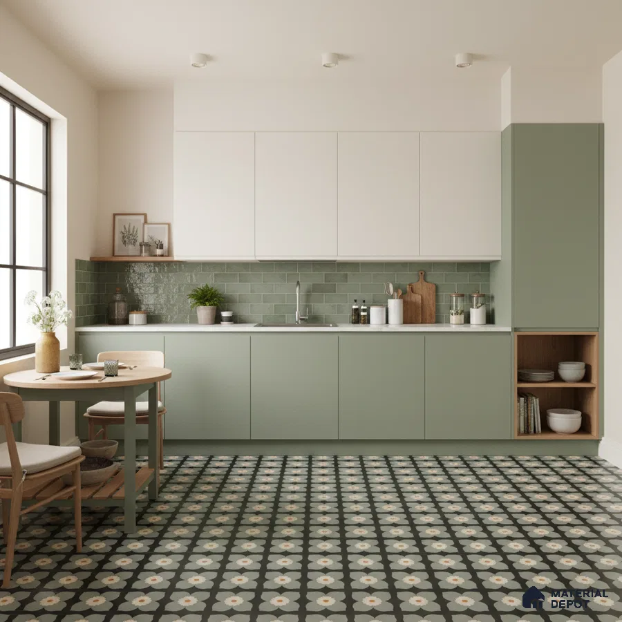 Scandinavian kitchen with sage green laminate, white laminate, and green subway tile backsplash in Bengaluru