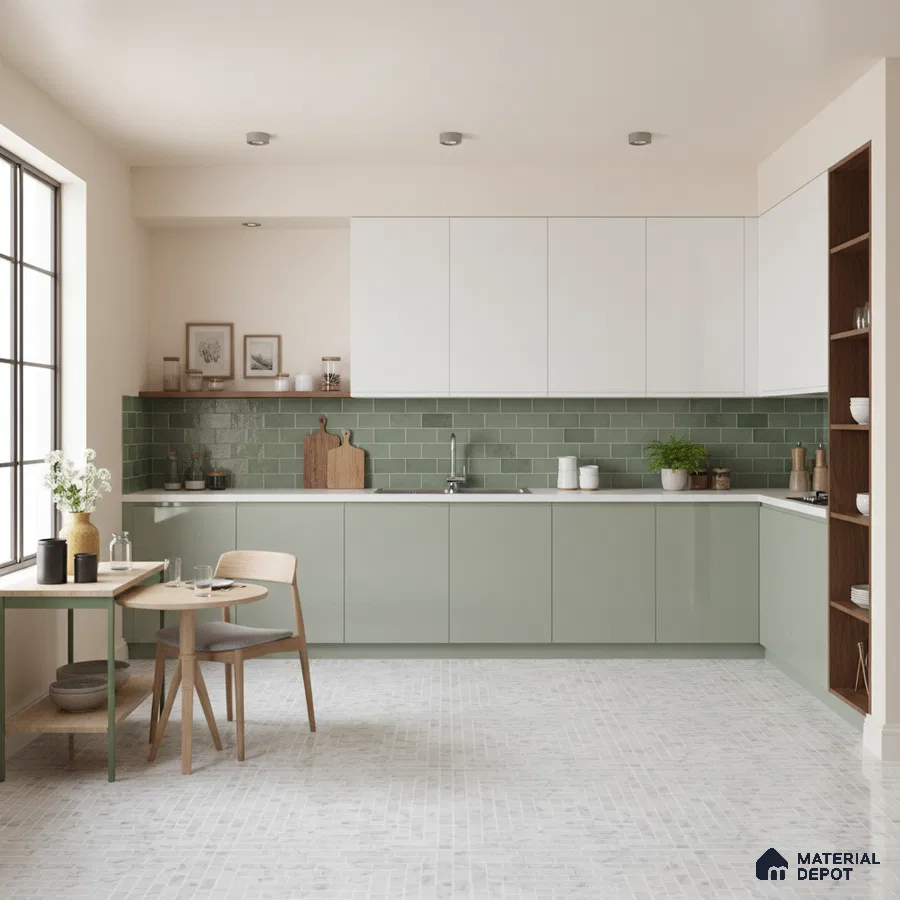 Scandinavian kitchen with sage green laminate, white laminate, and green subway tile backsplash in Bengaluru