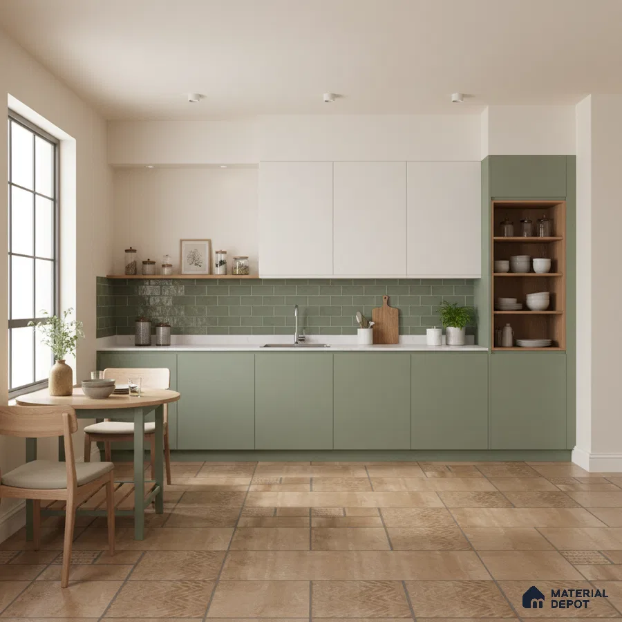 Scandinavian kitchen with sage green laminate, white laminate, and olive green subway tile backsplash in Bengaluru