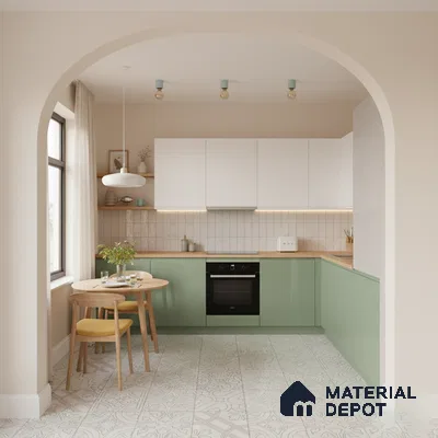 Scandinavian kitchen with sage green laminate, white laminate, and patterned floor tiles in Bengaluru