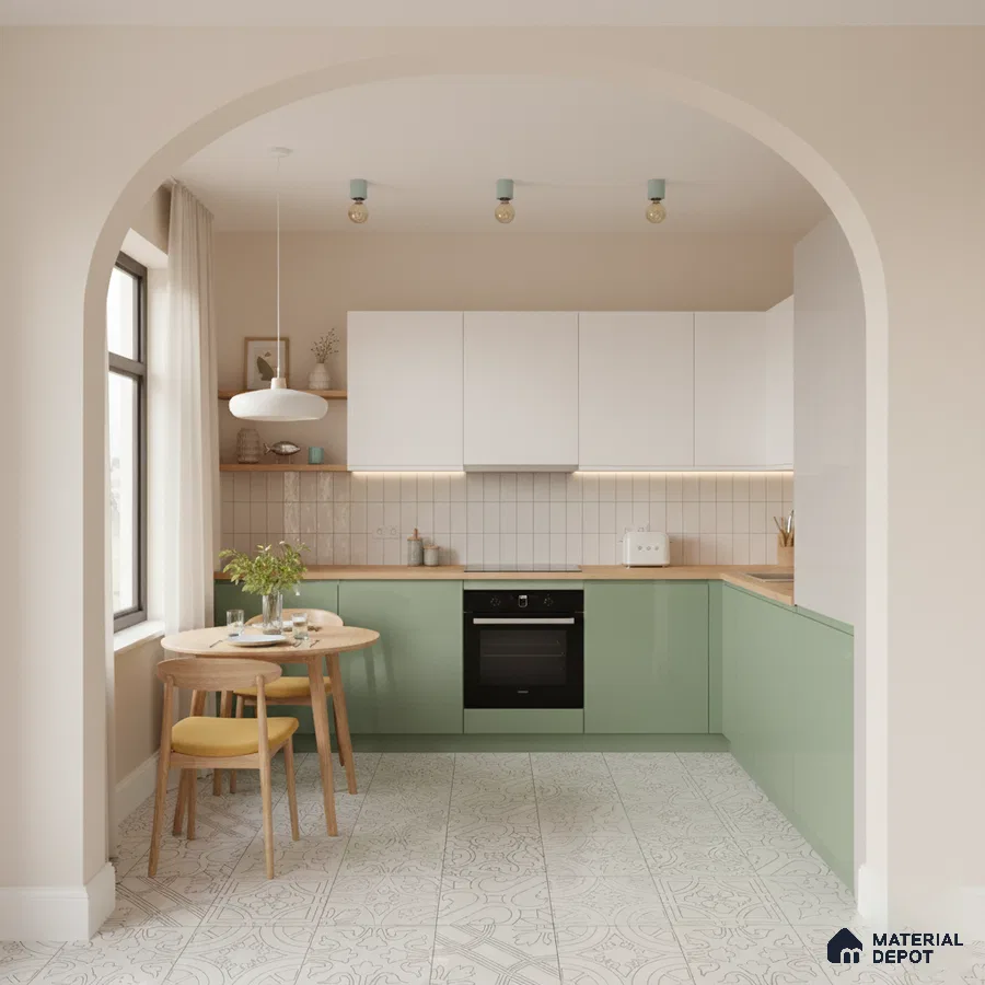 Scandinavian kitchen with sage green laminate, white laminate, and patterned floor tiles in Bengaluru