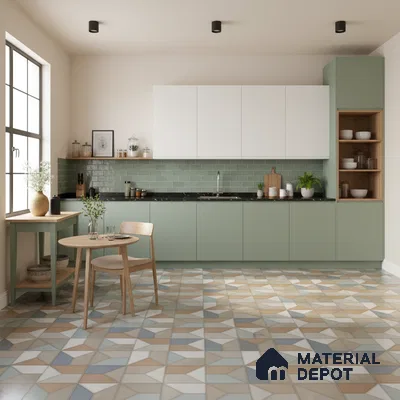 Scandinavian kitchen with sage green laminate, white laminate, geometric patterned floor tile, and green subway backsplash tile in Bengaluru