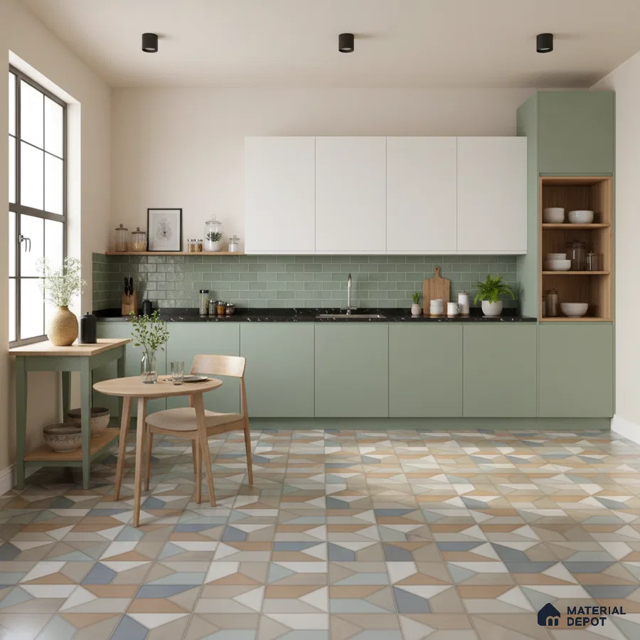 Scandinavian kitchen with sage green laminate, white laminate, geometric patterned floor tile, and green subway backsplash tile in Bengaluru