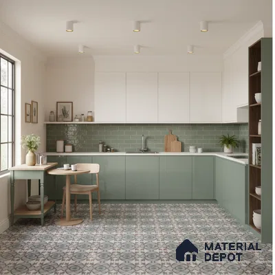 Scandinavian kitchen with sage green laminate, white laminate, green subway tile backsplash, and patterned floor tiles in Bengaluru