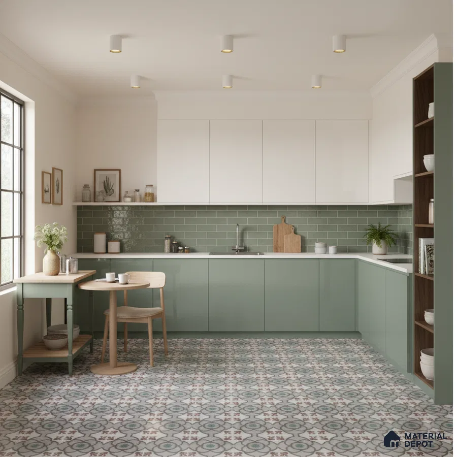 Scandinavian kitchen with sage green laminate, white laminate, green subway tile backsplash, and patterned floor tiles in Bengaluru