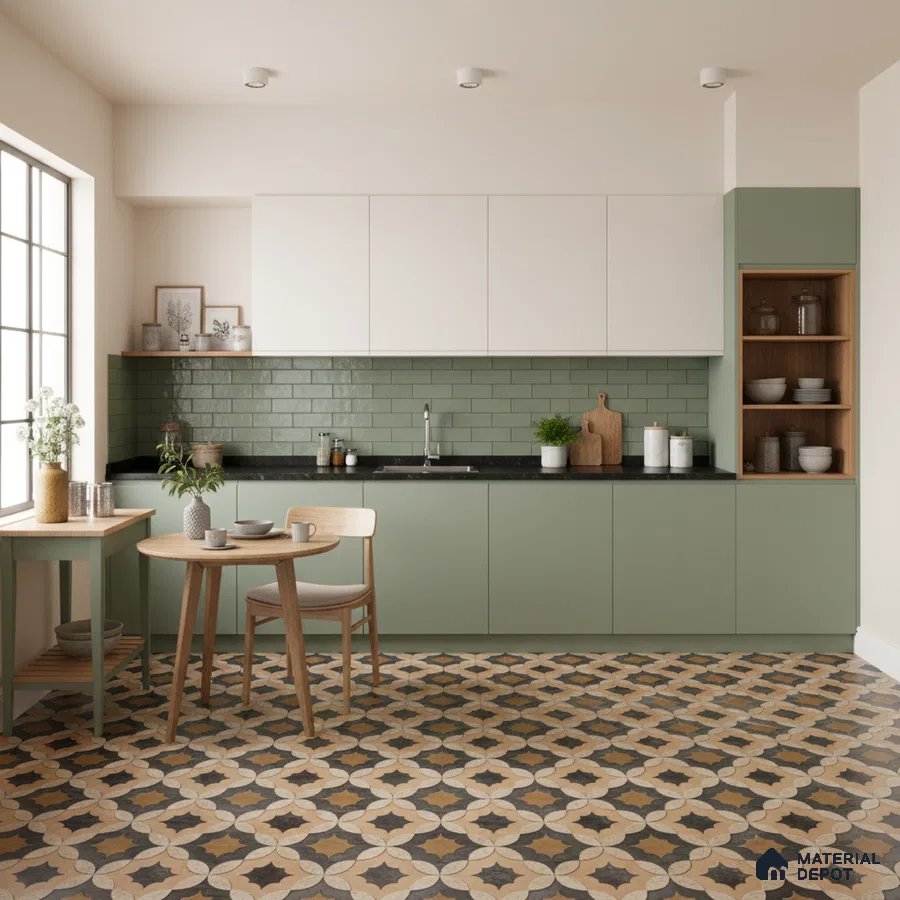 Scandinavian kitchen with sage green laminate, white laminate, green subway tile backsplash, and patterned floor tiles in Bengaluru