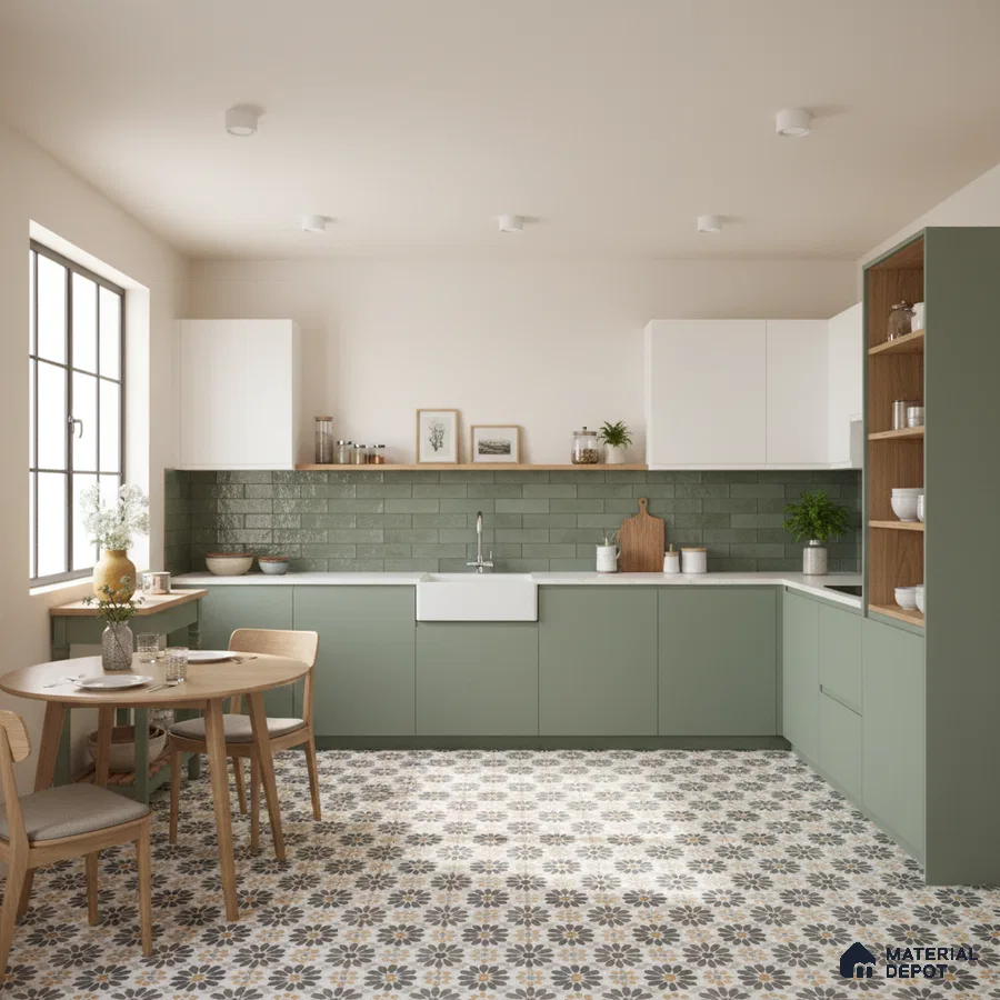 Scandinavian kitchen with sage green laminate, white quartz countertop, and floral patterned floor tiles in Bengaluru