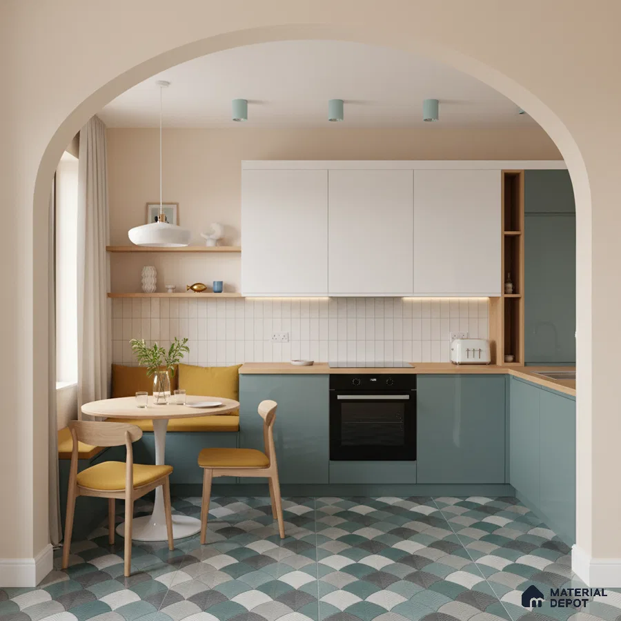 Scandinavian kitchen with sage green laminate, white solid laminate, and geometric patterned floor tiles in Bengaluru