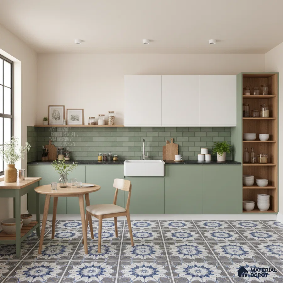 Scandinavian kitchen with sage green laminate, white upper cabinets, and blue floral patterned floor tiles in Bengaluru