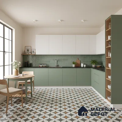 Scandinavian kitchen with sage green laminate, white upper cabinets, and geometric patterned floor tiles in Bengaluru