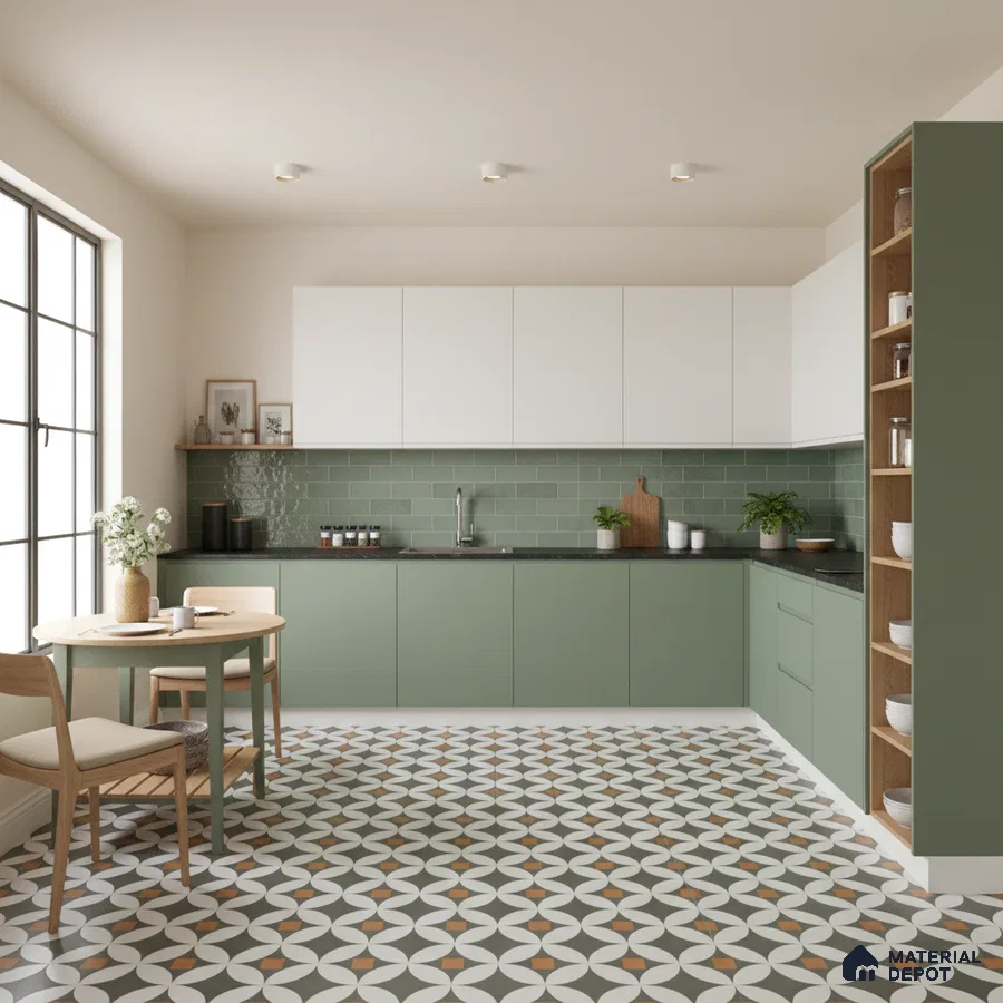 Scandinavian kitchen with sage green laminate, white upper cabinets, and geometric patterned floor tiles in Bengaluru