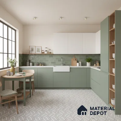 Scandinavian kitchen with sage green laminate, white upper cabinets, and green subway tile backsplash in Bengaluru