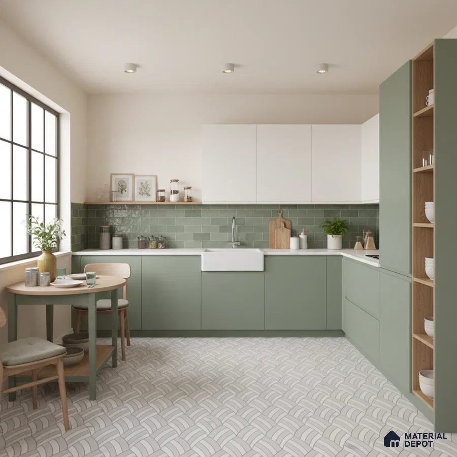 Scandinavian kitchen with sage green laminate, white upper cabinets, and green subway tile backsplash in Bengaluru