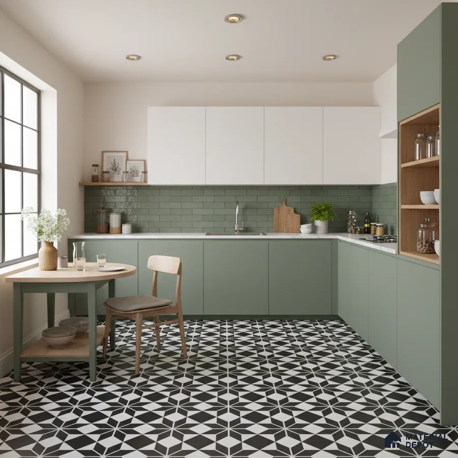 Scandinavian kitchen with sage green laminate, white upper cabinets, green subway tile backsplash, and geometric black-and-white floor tiles in Bengaluru