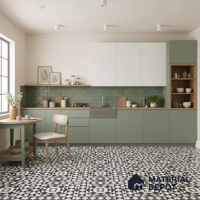 Scandinavian kitchen with sage green laminate, white upper cabinets, subway tile backsplash, and black-and-white geometric floor tiles in Bengaluru