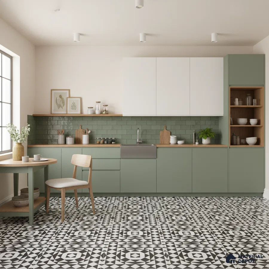 Scandinavian kitchen with sage green laminate, white upper cabinets, subway tile backsplash, and black-and-white geometric floor tiles in Bengaluru