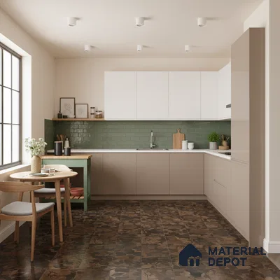 Scandinavian kitchen with sage green subway tile backsplash, beige laminate cabinets, and brown floral patterned floor tiles in Bengaluru