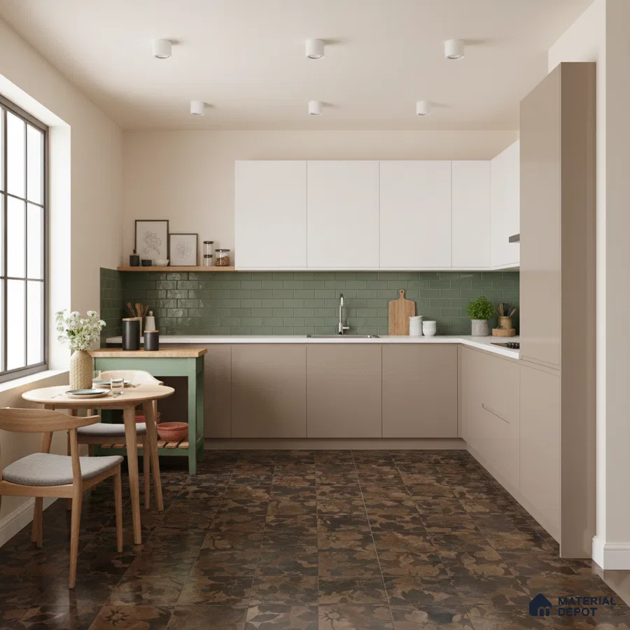 Scandinavian kitchen with sage green subway tile backsplash, beige laminate cabinets, and brown floral patterned floor tiles in Bengaluru