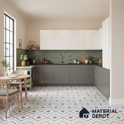 Scandinavian kitchen with sage green subway tile backsplash, white and grey laminate cabinets, geometric patterned floor tiles in Bengaluru