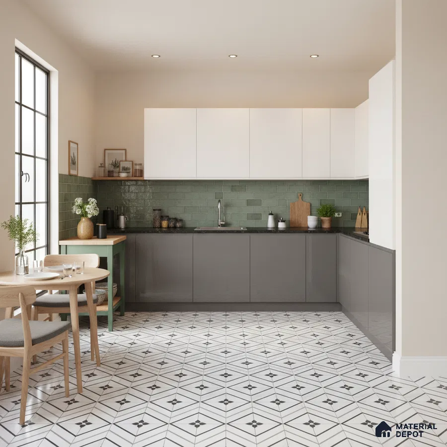 Scandinavian kitchen with sage green subway tile backsplash, white and grey laminate cabinets, geometric patterned floor tiles in Bengaluru