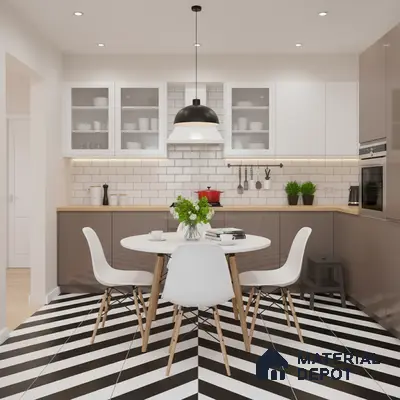 Scandinavian kitchen with taupe laminate cabinets, white subway tile backsplash, and black-and-white chevron floor tiles in Bengaluru