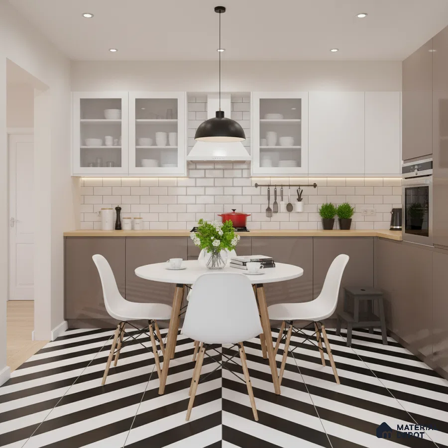 Scandinavian kitchen with taupe laminate cabinets, white subway tile backsplash, and black-and-white chevron floor tiles in Bengaluru