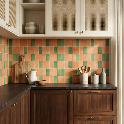 Scandinavian kitchen with terracotta and green backsplash tiles, dark stone countertop, and wood cabinets