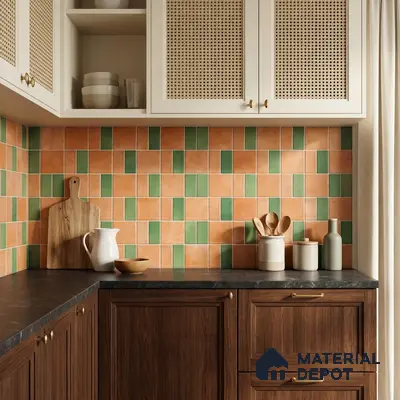 Scandinavian kitchen with terracotta and green backsplash tiles, dark stone countertop, and wood cabinets