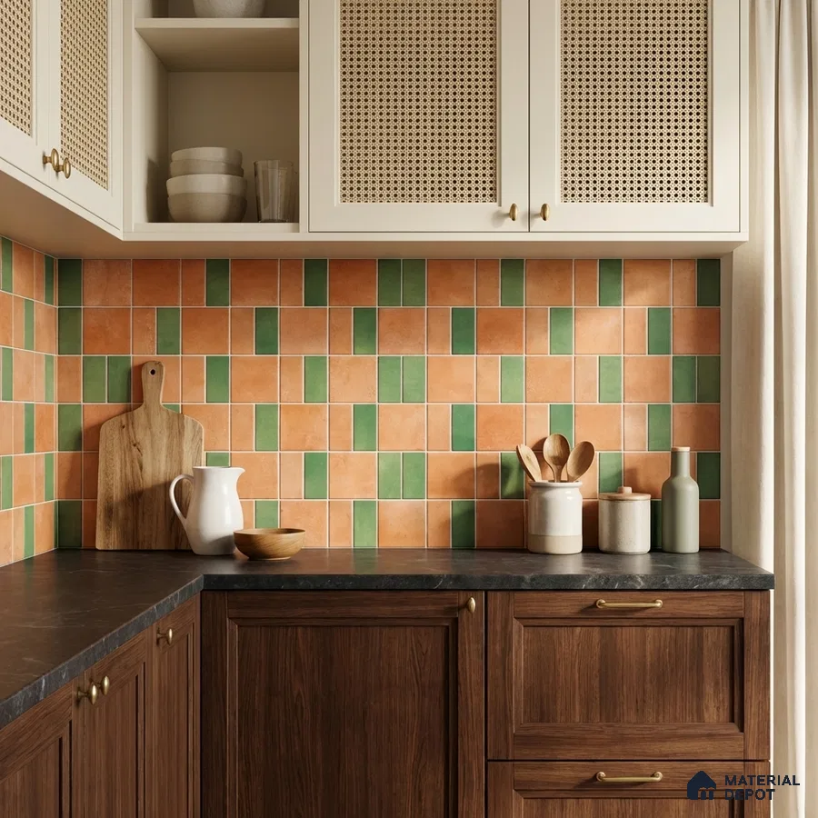 Scandinavian kitchen with terracotta and green backsplash tiles, dark stone countertop, and wood cabinets
