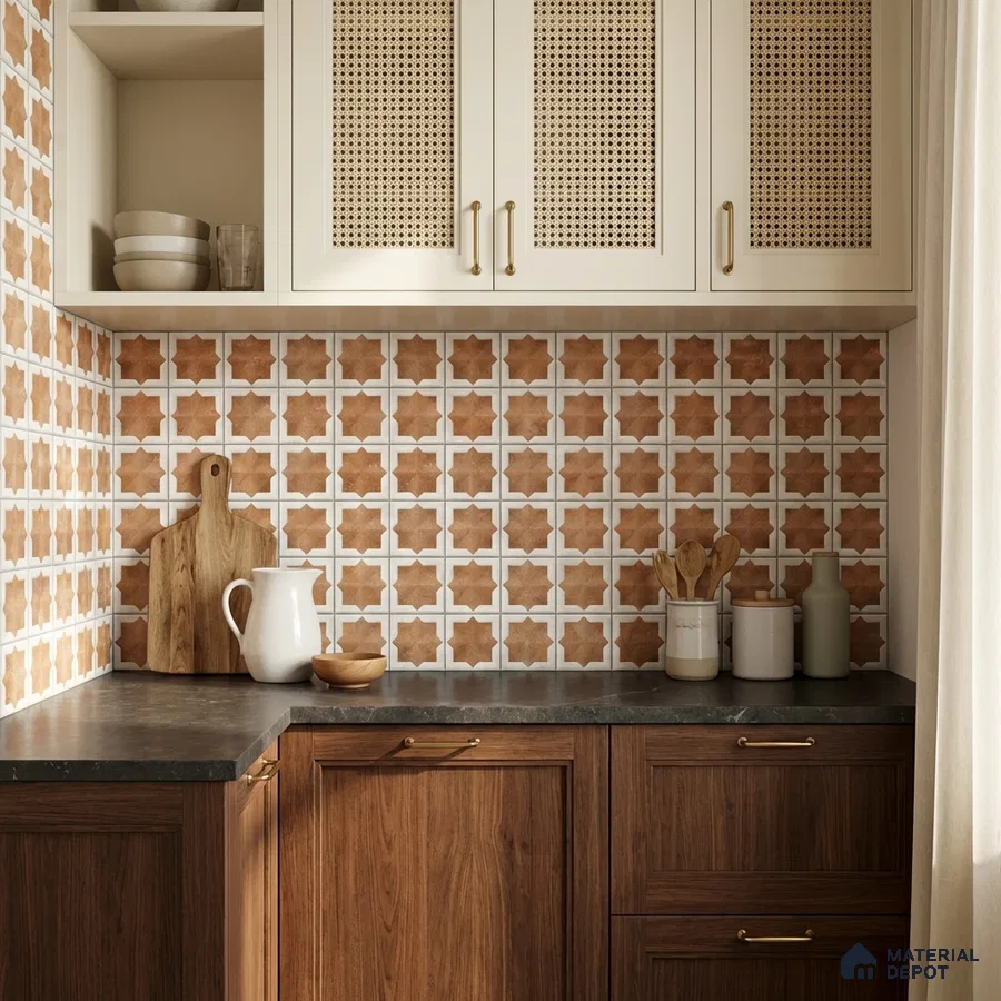 Scandinavian kitchen with terracotta geometric backsplash tile and walnut wood laminate cabinets