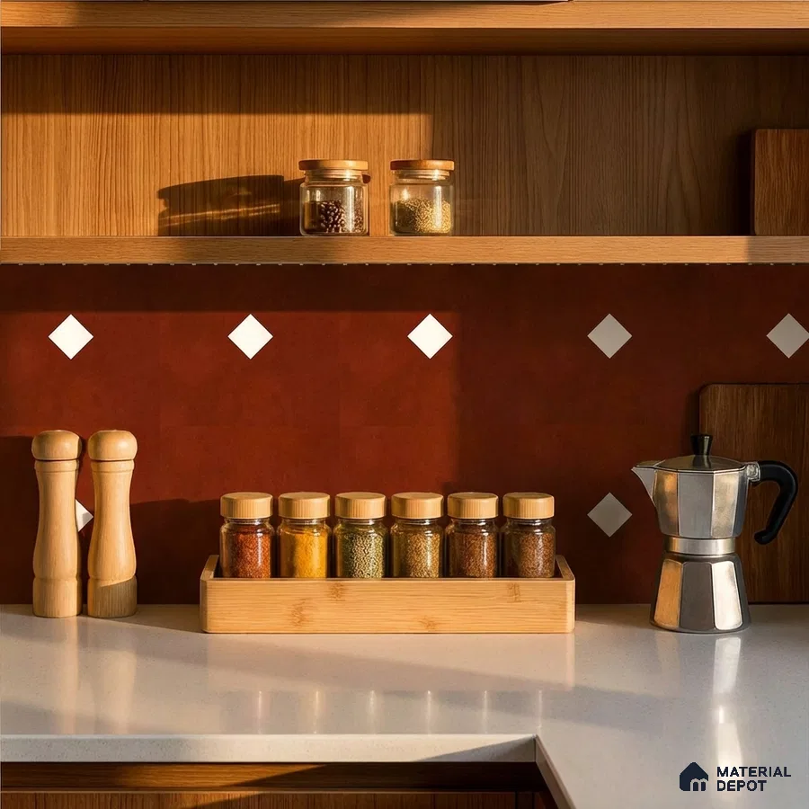 Scandinavian kitchen with terracotta geometric backsplash tile and white quartz countertop