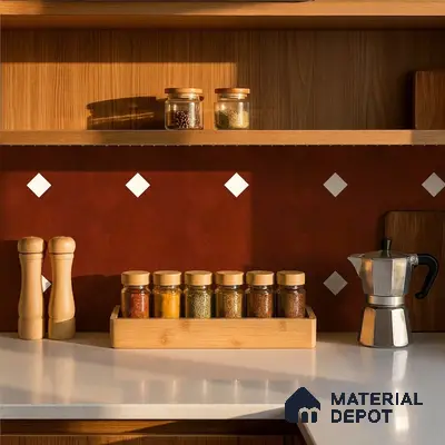 Scandinavian kitchen with terracotta geometric backsplash tile and white quartz countertop