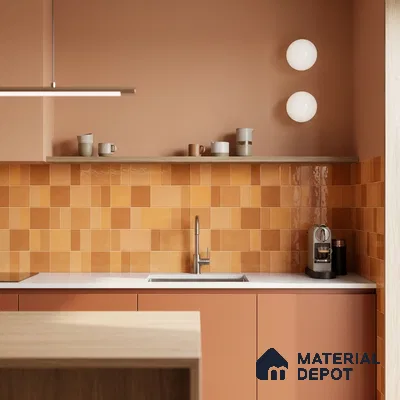 Scandinavian kitchen with terracotta laminate cabinets and orange square backsplash tiles